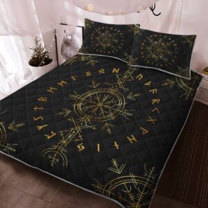 Viking Vegvisir And Rune Quilt Bed Set, Viking Quilt Bedding Set Throw, Twin, Queen, King Size, Viking Quilt For Bedroom, Gifts for Viking Lover