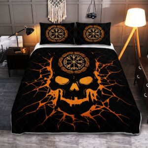 Viking Vegvisir Skull Quilt Bed Set, Viking Quilt Bedding Set Throw, Twin, Queen, King Size, Viking Quilt Bedding Set Blanket, Viking Quilt For Bedroom, Gifts for Viking Lover