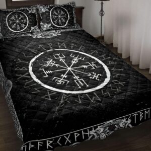 Viking Vegvisir and Runic Rune Pattern Black Norse Nordic Quilt Blanket & Pillowcases, Viking Quilt Bedding Set Blanket, Viking Quilt For Bedroom, Gifts for Viking Lover