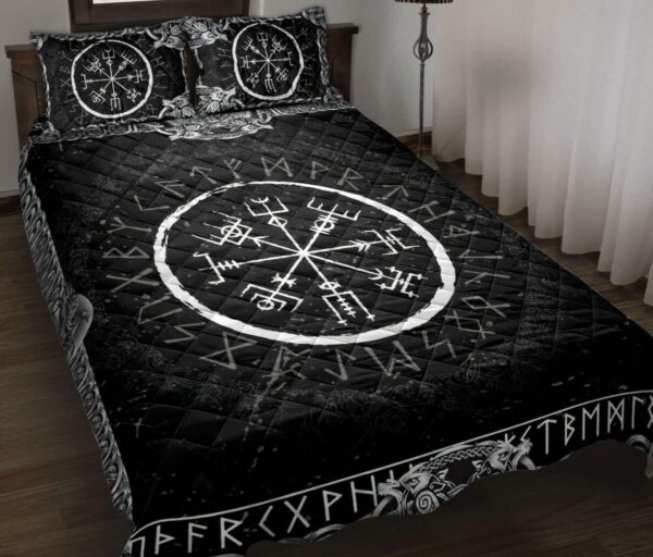 Viking Vegvisir and Runic Rune Pattern Black Norse Nordic Quilt Blanket & Pillowcases, Viking Quilt Bedding Set Blanket, Viking Quilt For Bedroom, Gifts for Viking Lover