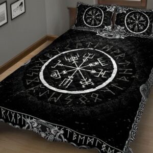 Viking Vegvisir and Runic Rune Pattern Black Norse Nordic Quilt Blanket & Pillowcases, Viking Quilt Bedding Set Blanket, Viking Quilt For Bedroom, Gifts for Viking Lover