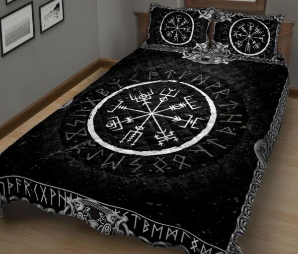 Viking Vegvisir and Runic Rune Pattern Black Norse Nordic Quilt Blanket & Pillowcases, Viking Quilt Bedding Set Blanket, Viking Quilt For Bedroom, Gifts for Viking Lover