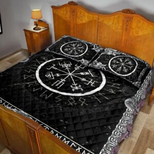 Viking Vegvisir and Runic Rune Pattern Black Norse Nordic Quilt Blanket & Pillowcases, Viking Quilt Bedding Set Blanket, Viking Quilt For Bedroom, Gifts for Viking Lover