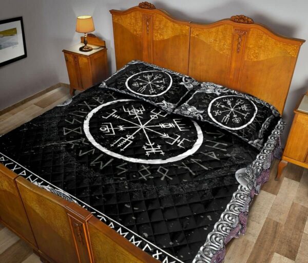 Viking Vegvisir and Runic Rune Pattern Black Norse Nordic Quilt Blanket & Pillowcases, Viking Quilt Bedding Set Blanket, Viking Quilt For Bedroom, Gifts for Viking Lover