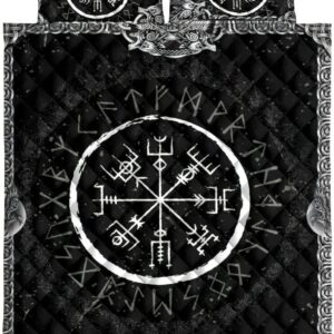 Viking Vegvisir and Runic Rune Pattern Black Norse Nordic Quilt Blanket & Pillowcases, Viking Quilt Bedding Set Blanket, Viking Quilt For Bedroom, Gifts for Viking Lover