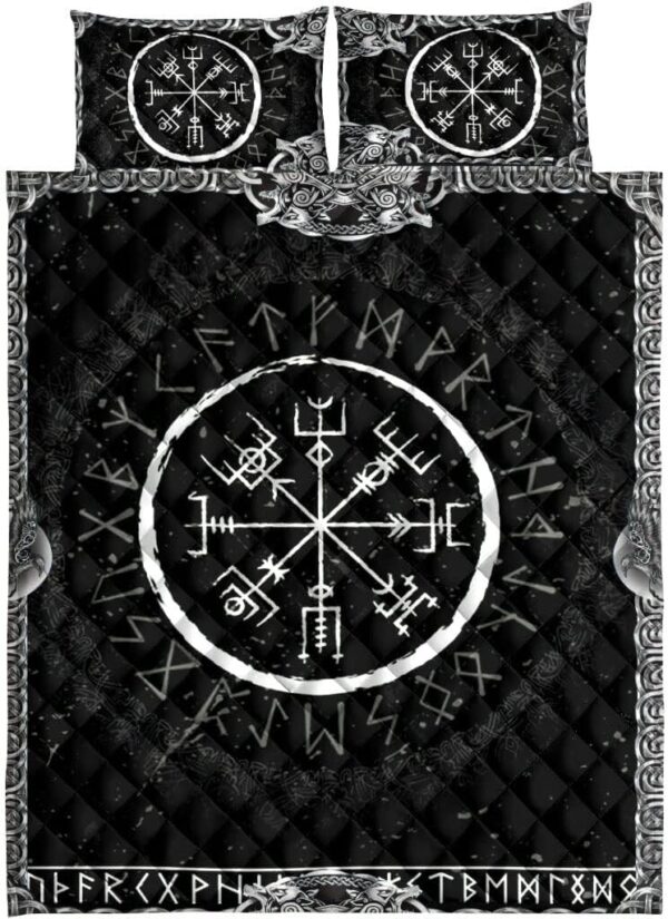 Viking Vegvisir and Runic Rune Pattern Black Norse Nordic Quilt Blanket & Pillowcases, Viking Quilt Bedding Set Blanket, Viking Quilt For Bedroom, Gifts for Viking Lover