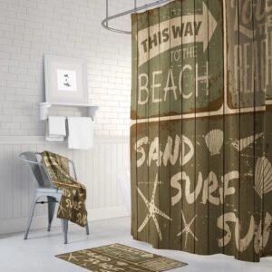 Vintage Brown Beach Shower Curtain Rustic Sign Faux Wood, Optional Bath Mat, Bath Towels