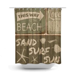 Vintage Brown Beach Shower Curtain Rustic Sign Faux Wood, Optional Bath Mat, Bath Towels