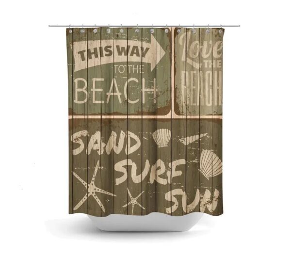 Vintage Brown Beach Shower Curtain Rustic Sign Faux Wood, Optional Bath Mat, Bath Towels