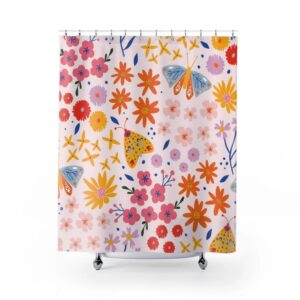 Warm Flower Butterfly Shower Curtain, Bathroom Decor and Design, Flower Art, Gift Idea, Spring Art