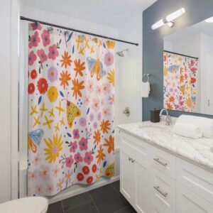 Warm Flower Butterfly Shower Curtain, Bathroom Decor and Design, Flower Art, Gift Idea, Spring Art