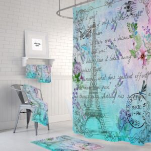 Watercolor Paris Shower Curtain, Bath Towels, Bath Mat Optional Eiffel Tower Post Card, Dragonfly Floral