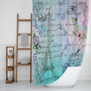 Watercolor Paris Shower Curtain, Bath Towels, Bath Mat Optional Eiffel Tower Post Card, Dragonfly Floral