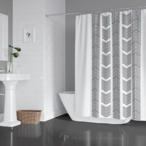 White Herringbone Shower Curtain, Modern Minimalist Bath Curtain, Boho Chic Bathroom Decor