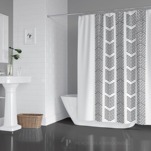 White Herringbone Shower Curtain, Modern Minimalist Bath Curtain, Boho Chic Bathroom Decor