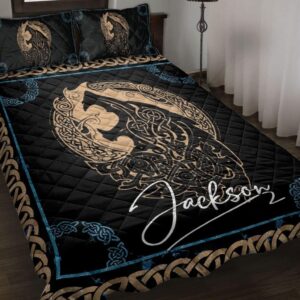 Wolf Fenrir Viking Symbol Vintage Bedroom Decor Personalized Name Quilt Bed Set Throw, Twin, Queen, King Size, Viking Quilt Bedding Set Blanket, Viking Quilt For Bedroom, Gifts for Viking Lover