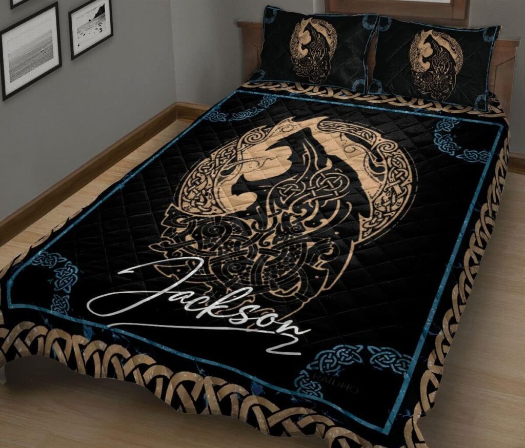 Wolf Fenrir Viking Symbol Vintage Bedroom Decor Personalized Name Quilt Bed Set Throw, Twin, Queen, King Size, Viking Quilt Bedding Set Blanket, Viking Quilt For Bedroom, Gifts for Viking Lover