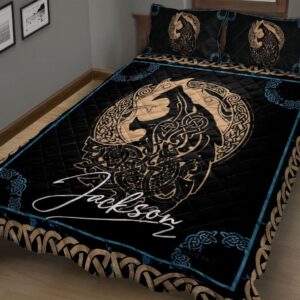 Wolf Fenrir Viking Symbol Vintage Bedroom Decor Personalized Name Quilt Bed Set Throw, Twin, Queen, King Size, Viking Quilt Bedding Set Blanket, Viking Quilt For Bedroom, Gifts for Viking Lover
