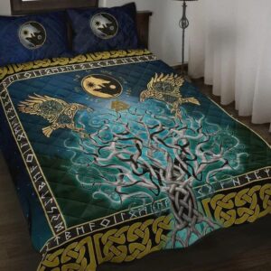 Wolf Tree of Life Valknut Raven Quilt Bed Set, Viking Bed Set Throw, Twin, Queen, King Size, Viking Quilt Bedding Set Blanket, Viking Quilt For Bedroom, Gifts for Viking Lover