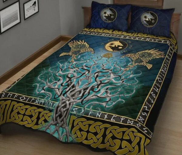 Wolf Tree of Life Valknut Raven Quilt Bed Set, Viking Bed Set Throw, Twin, Queen, King Size, Viking Quilt Bedding Set Blanket, Viking Quilt For Bedroom, Gifts for Viking Lover