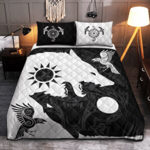 Wolf and Raven Quilt Set Viking Fenrir Wolf Quilt Bedding Set, Wolf Viking Quilt Bed Set Throw, Twin, Queen, King Size, Viking Quilt For Bedroom, Gifts for Viking Lover