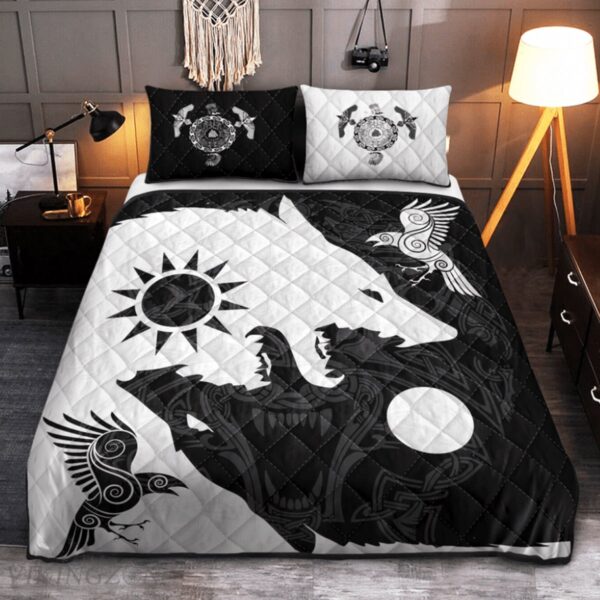 Wolf and Raven Quilt Set Viking Fenrir Wolf Quilt Bedding Set, Wolf Viking Quilt Bed Set Throw, Twin, Queen, King Size, Viking Quilt For Bedroom, Gifts for Viking Lover