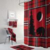 Woodland Red Plaid Shower Curtain Optional Bath Mat Bathroom Set, Bear, Tree, Moon