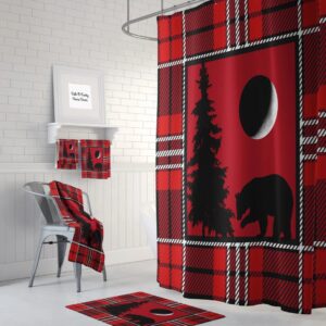 Woodland Red Plaid Shower Curtain Optional Bath Mat Bathroom Set, Bear, Tree, Moon