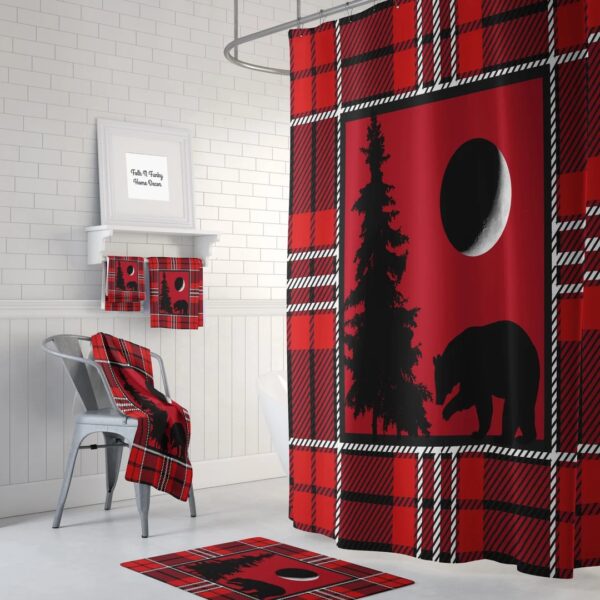 Woodland Red Plaid Shower Curtain Optional Bath Mat Bathroom Set, Bear, Tree, Moon