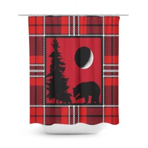 Woodland Red Plaid Shower Curtain Optional Bath Mat Bathroom Set, Bear, Tree, Moon