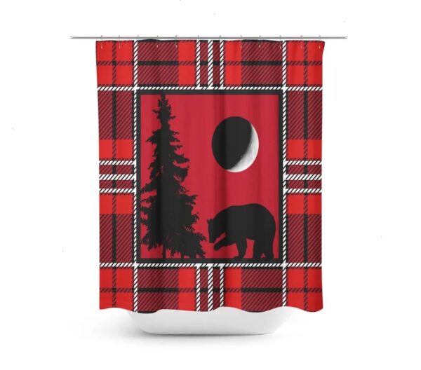 Woodland Red Plaid Shower Curtain Optional Bath Mat Bathroom Set, Bear, Tree, Moon