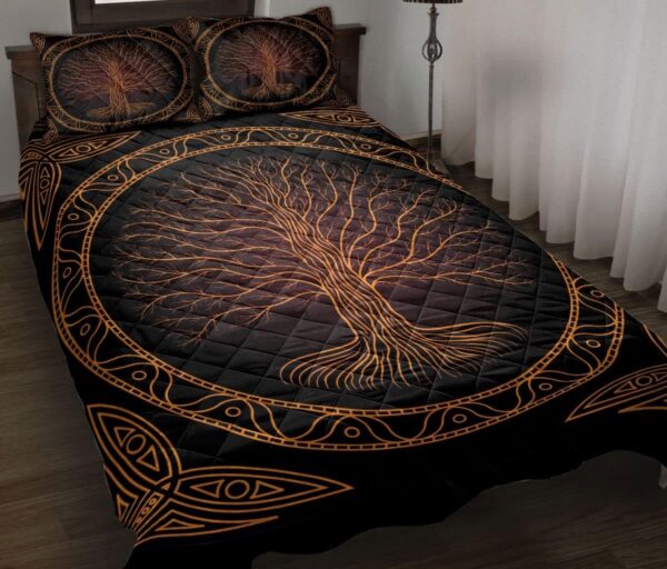 Yggdrasil Tree of Life Viking Black and Orange Triquetra Norse Nordic Mythology Quilt Blanket & Pillowcases, Viking Quilt Bedding Set Blanket, Viking Quilt For Bedroom, Gifts for Viking Lover