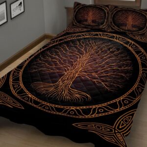 Yggdrasil Tree of Life Viking Black and Orange Triquetra Norse Nordic Mythology Quilt Blanket & Pillowcases, Viking Quilt Bedding Set Blanket, Viking Quilt For Bedroom, Gifts for Viking Lover