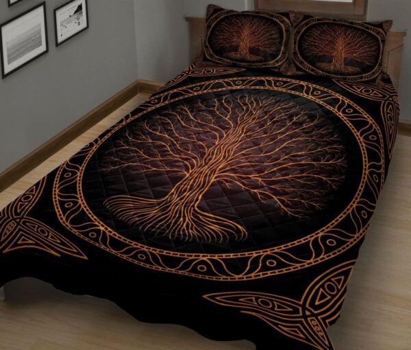 Yggdrasil Tree of Life Viking Black and Orange Triquetra Norse Nordic Mythology Quilt Blanket & Pillowcases, Viking Quilt Bedding Set Blanket, Viking Quilt For Bedroom, Gifts for Viking Lover