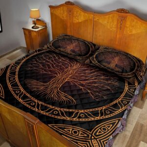 Yggdrasil Tree of Life Viking Black and Orange Triquetra Norse Nordic Mythology Quilt Blanket & Pillowcases, Viking Quilt Bedding Set Blanket, Viking Quilt For Bedroom, Gifts for Viking Lover