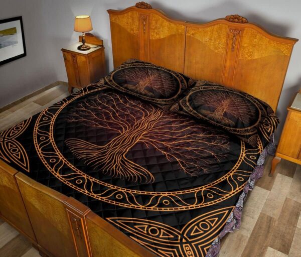 Yggdrasil Tree of Life Viking Black and Orange Triquetra Norse Nordic Mythology Quilt Blanket & Pillowcases, Viking Quilt Bedding Set Blanket, Viking Quilt For Bedroom, Gifts for Viking Lover
