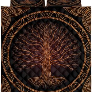 Yggdrasil Tree of Life Viking Black and Orange Triquetra Norse Nordic Mythology Quilt Blanket & Pillowcases, Viking Quilt Bedding Set Blanket, Viking Quilt For Bedroom, Gifts for Viking Lover