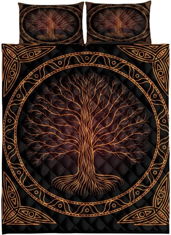 Yggdrasil Tree of Life Viking Black and Orange Triquetra Norse Nordic Mythology Quilt Blanket & Pillowcases, Viking Quilt Bedding Set Blanket, Viking Quilt For Bedroom, Gifts for Viking Lover
