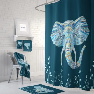 dark Teal Boho Elephant Shower Curtain Optional Bath, Bath Towels Mat Bathroom Set,