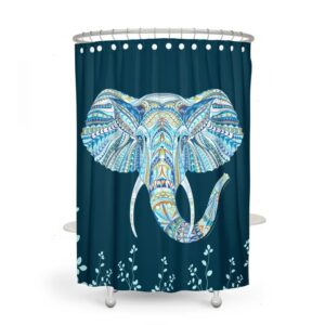 dark Teal Boho Elephant Shower Curtain Optional Bath, Bath Towels Mat Bathroom Set,